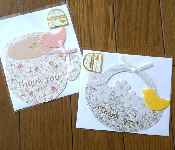 グリーティングカード メッセージカード 小鳥花柄 Thank you 2枚セット