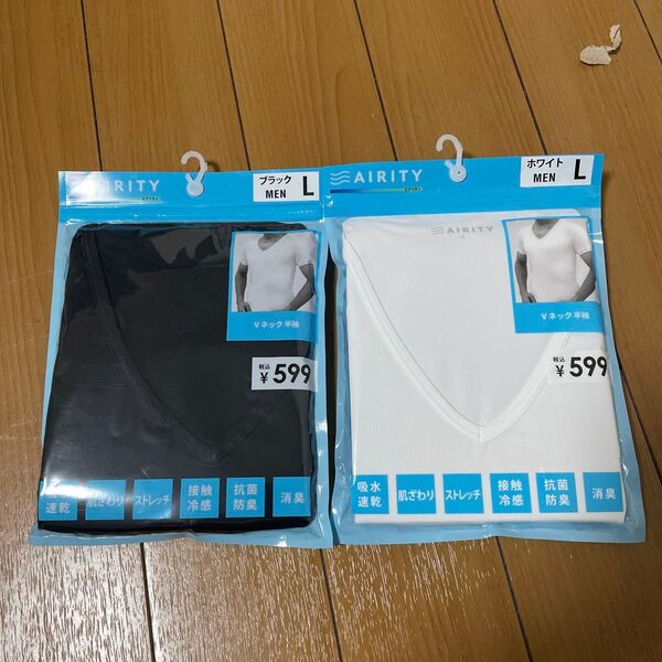 AIRITY Vネック半袖Tシャツ メンズ Lサイズ ブラック ホワイト 2枚セット