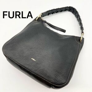 【美品】FURLA フルラ ワンショルダーバッグ リアルト ホーボー レザー シボ革 黒 ブラック