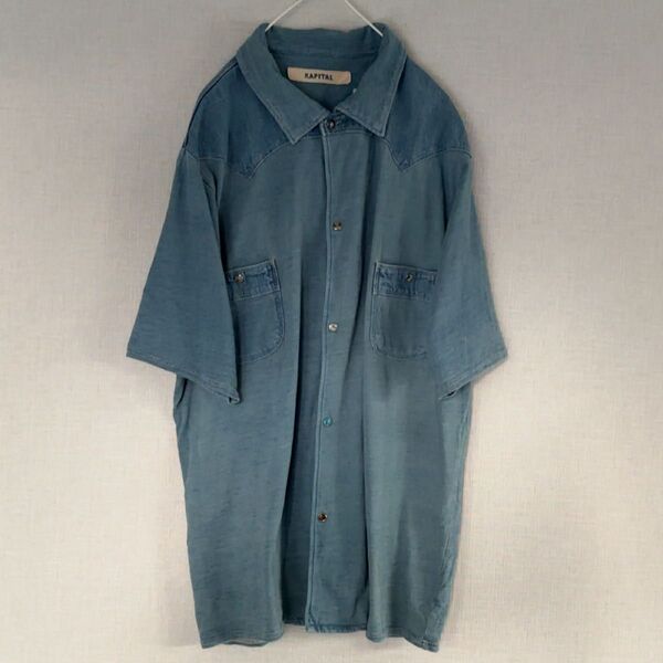 《used》KAPITAL メンズ 半袖シャツ デニム コンビ 襟付き 綿素材