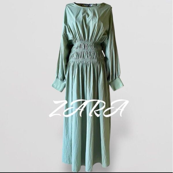 ZARA ザラ フレア ロング ワンピース ウエスト シャーリング パフスリーブ L 長袖