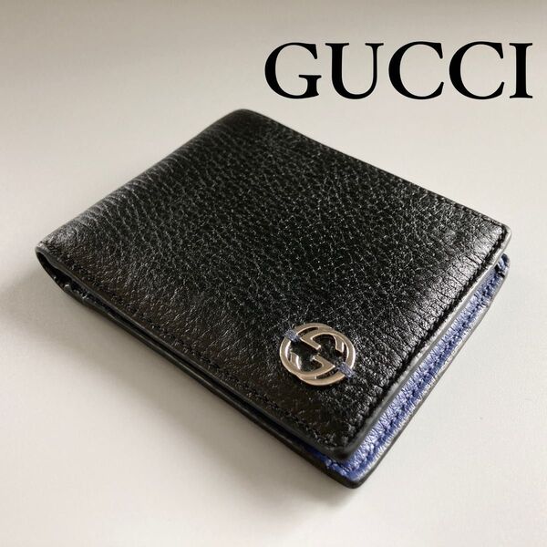 GUCCI グッチ 二つ折り財布 レザー 本革 薄型 コンパクト メンズ レディース インターロッキング 黒 ブラック ブランド