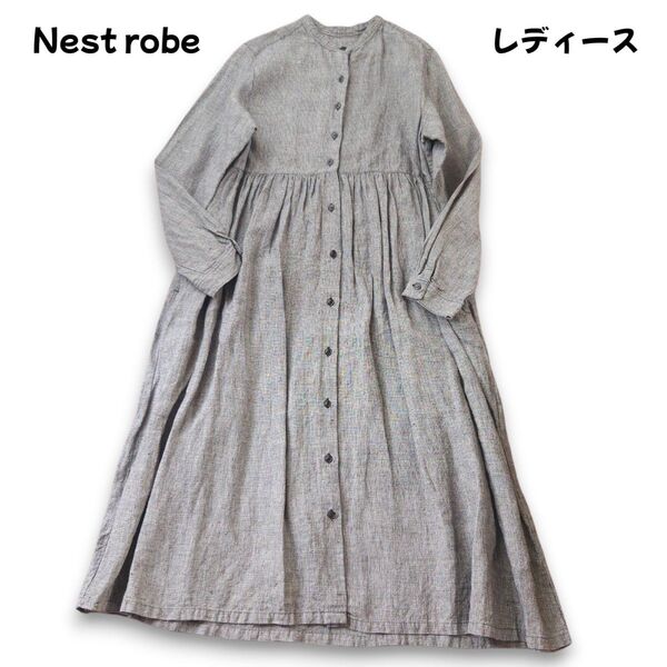 ネストローブ nest robe リネン フレアシャツワンピース 千鳥格子 M~Lサイズ Aライン 春 夏 オシャレ 極美品
