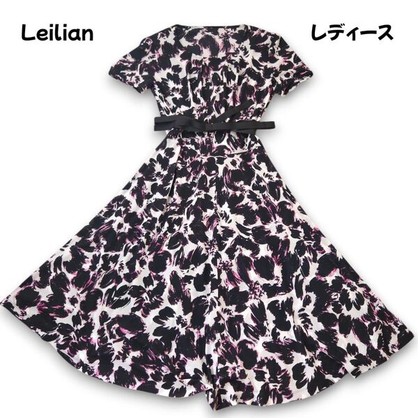 レリアン Leilian ジャージーフレアワンピース 花柄 Mサイズ相当 Aライン 可愛い オシャレ 人気 極美品