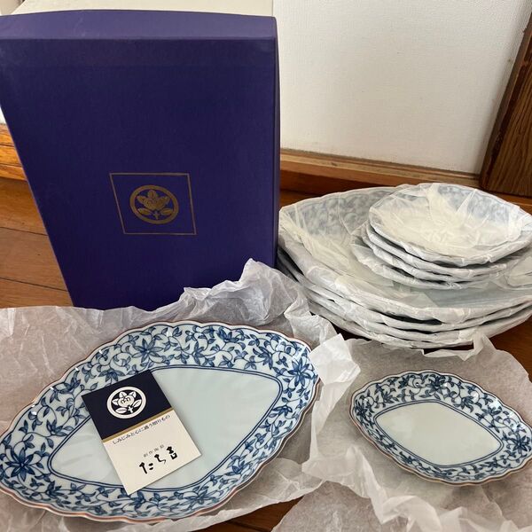 たち吉 橘吉 染唐草 菱形皿 ひし形皿 大小各5枚セット 和食器 箱入り 未使用品 皿 取り皿