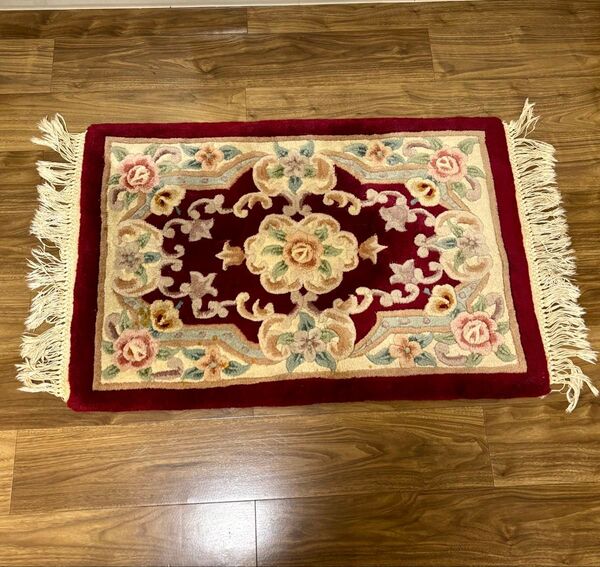 中国段通 ウール 美術柄 羊毛 玄関マット約95cm×64cm レッド系