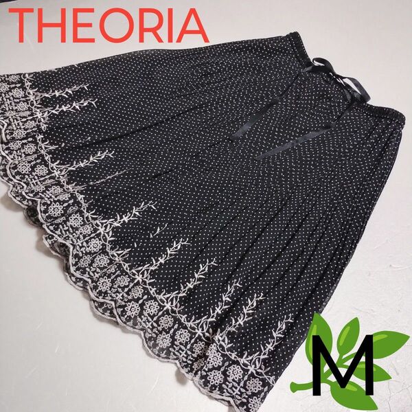 USED★セオリア・THEORIA★レディーススカート・フレア・プリーツ・膝丈・柄物・刺繍・Мサイズ