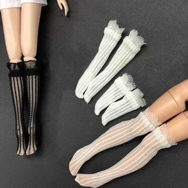 靴下 ニーハイソックス ドール リカちゃん ブライス バービー オビツ ジェニー ハイソックス くつ 黒 白 レース 人形 ドール