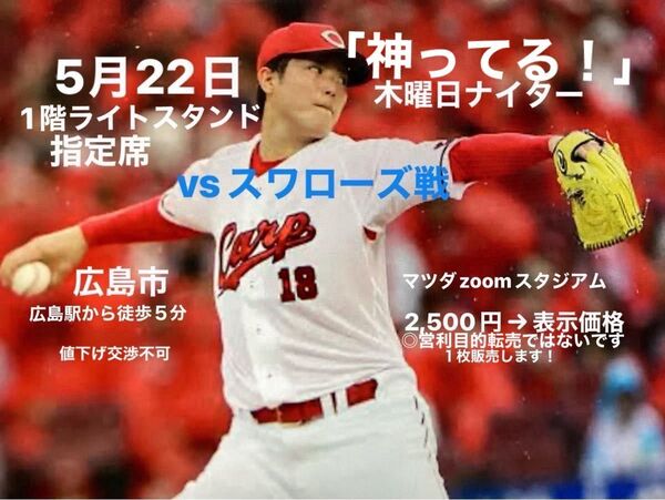 5月22日カープ vs ヤクルト1階ライト席は1枚2,500円:営利目的転売してないです◎値下げ交渉ナシ