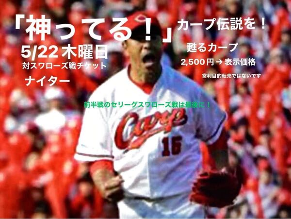 5月22日スワローズ戦1階ライトスタンド指定席2,500円→表示値段・入金即発送です!