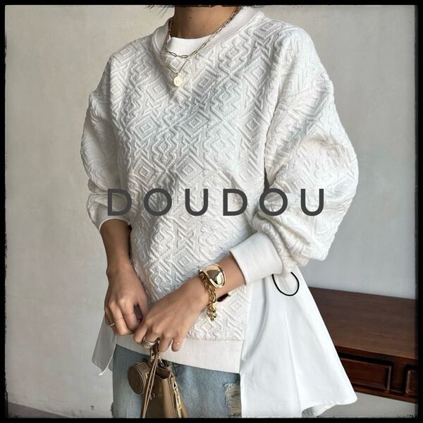 DouDou ホワイト スウェット トレーナー カットジャガード切替トップス 長袖 長袖カットソー ブラウス FREE