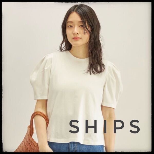SHIPS ホワイト Tシャツ ボリューム袖 五分丈 半袖 カットソー Tシャツ 半袖Tシャツ FREE
