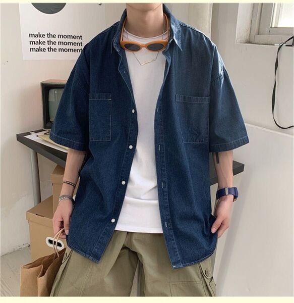 ビッグシルエット デニム シャツ 半袖 メンズ ストリート 韓国 夏服 トップス オーバーサイズ 強くおすすめする カジュアル