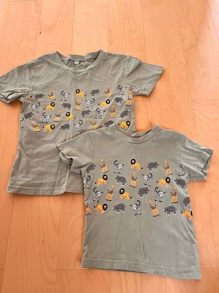 半袖 Tシャツ 兄弟姉妹 ペア お揃い 100㎝ 130㎝ アニマル柄 2枚セット グリーン 夏服 半袖Tシャツ