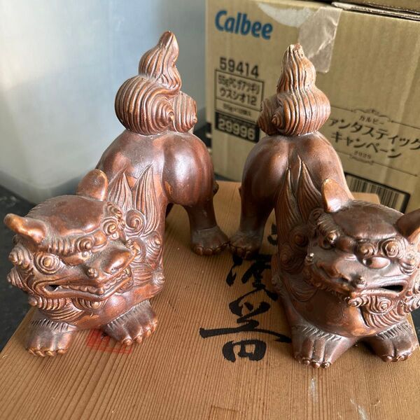 伊武田焼 奥元陶房 獅子 ペア 狛犬 シーサー 厄除け 魔除け 守り神 やちむん 沖縄 古道具 昭和レトロ 工芸品 陶器 置物