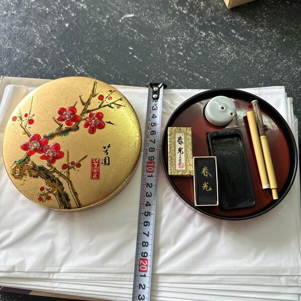 芳園 ミニ硯セット ミニ書道セット 骨董品 レトロ 漆器