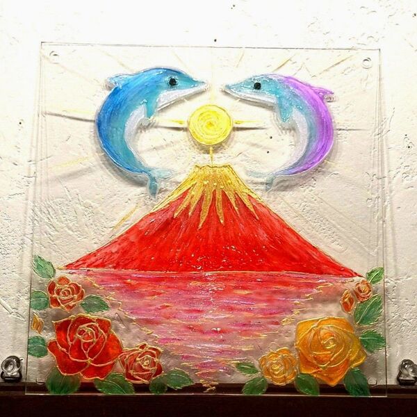 季節の風水開運絵画*輝くイルカと赤富士〜バラ〜幸せの始まり 逆さ富士 愛情金運 インテリア 父の日ギフト 花の絵 スピリチュアル