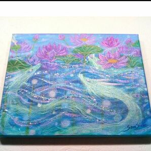 風水開運絵画*蓮の花咲く龍神湖 蓮龍 lotus 豊かさ 愛情 子宝 家庭 金運 ドラゴン ロータス スピリチュアル sunsui