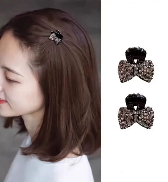 No.993 2個セット リボン ミニヘアバンスクリップ ラインストーン
