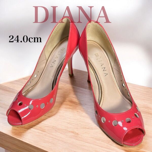 良品 DIANA ダイアナ エナメル オープントゥ ハイヒール 24.0cm オレンジピンク パンプス 靴