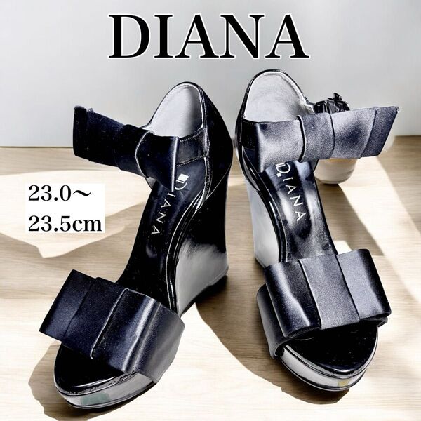 美品 DIANA ダイアナ レザー リボン付 オープントゥ サンダル Mサイズ 23.0〜23.5cm