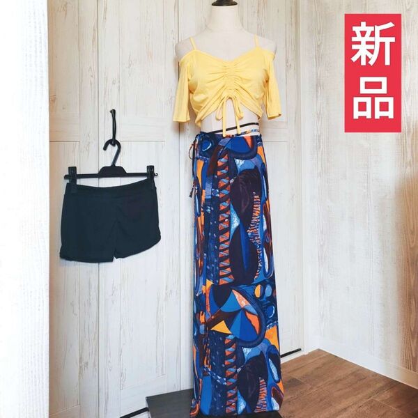 ★新品★ベリーダンス衣装レッスン着ウェア3点セットアップ トップス 花柄巻きスカート