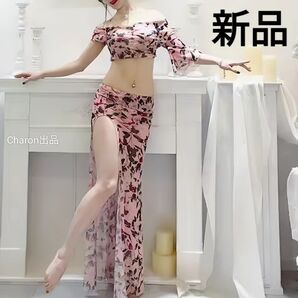 ★新品★ベリーダンス衣装花柄セットアップ レッスン着ウェア練習着 トップス スカート ピンク