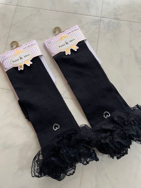 新品 フリルレース付きハート柄ハイソックス 19-21㎝ 黒 2足セット 結婚式、発表会