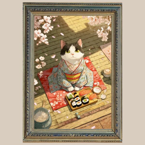 福を招く☆ 和装猫の鮨時間 ☆ No.1 【 開運風水絵画風ヒーリングアート】