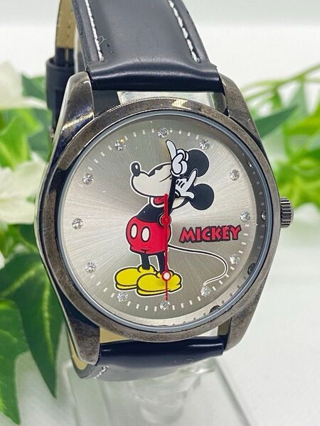 電池交換済み ミッキーマウス 腕時計 稼働 クォーツ 12ポイントラインストーン Mickey 黒レザーベルト