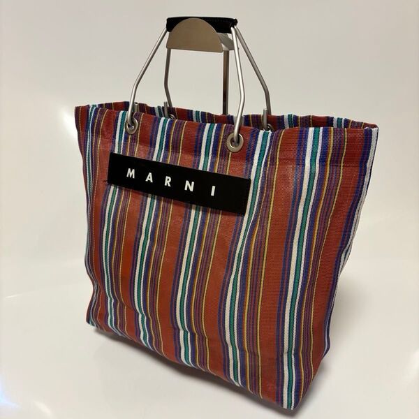 美品 MARNI マルニ フラワーカフェ マーケット ナイロン×レザー ストライプ ハンドバッグ トートバッグ