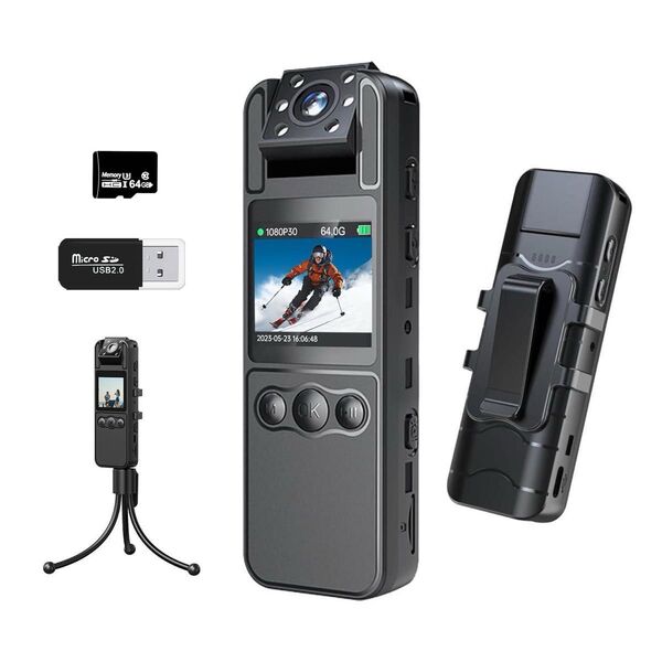 ボディカメラ 1080Pビデオ 小型 アクション ウェアラブル 64GBSDカード 1.4インチ180°回転レンズ 軽量 クリップ