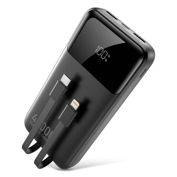 モバイルバッテリー 40000mAh 大容量 ケーブル内蔵 小型 軽量 バッテリー残量表示 5台同時充電・22.5W急速充電 黒