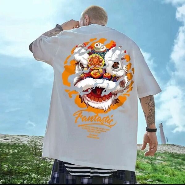 【新品】オーバーサイズ 半袖Tシャツ 獅子 炎ストリートカジュアル 2XL ホワイト 通気性 春夏秋 男女兼用