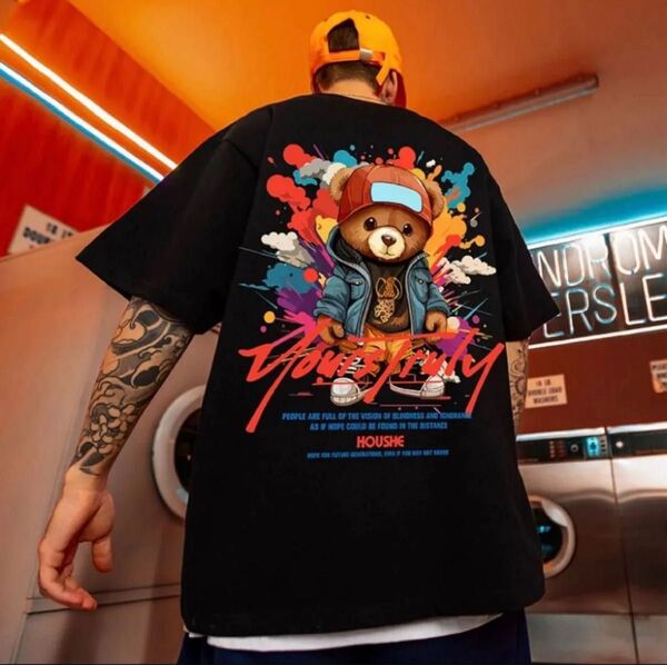 オーバーサイズ ストリート 半袖Tシャツクマ カラフルペイント プリント 3L 男女兼用 新品 ブラック