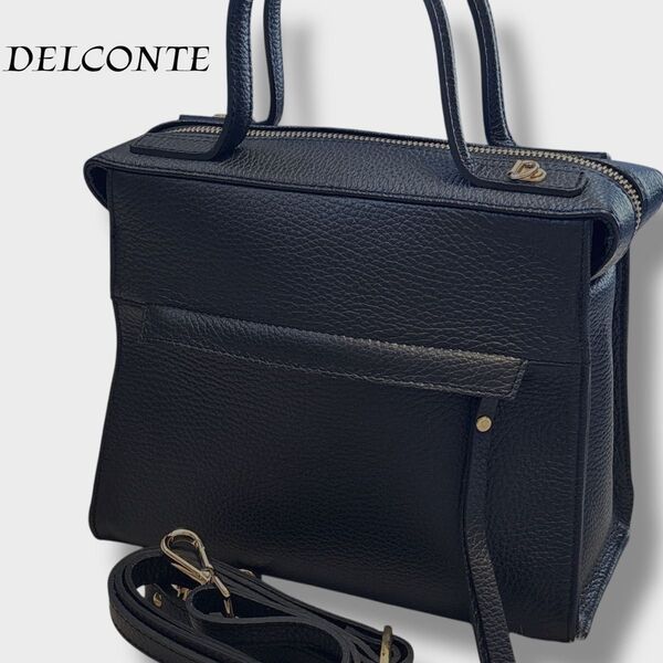 【美品】DELCONTE ショルダー ハンドバッグ 2way レザー イタリア製 高級感 肩掛け 斜め掛け 自立バッグ 黒
