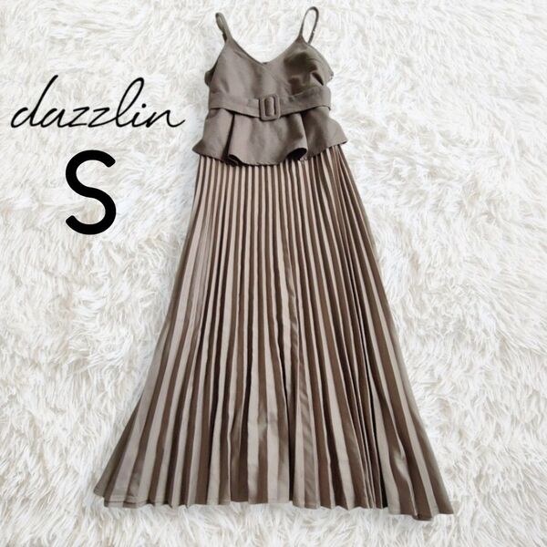 dazzlin ダズリン キャミソールワンピース S ベージュブラウン プリーツ ベルト 微起毛 ドッキング 無地 クラシカル