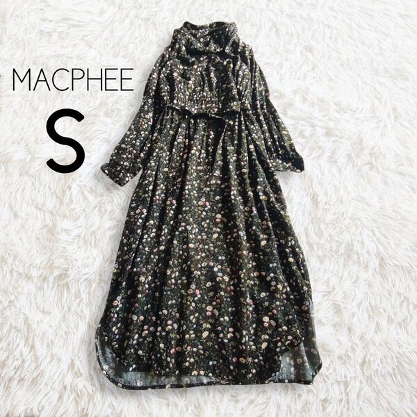 MACPHEE マカフィー ワンピース S ブラック 黒 花柄 総柄 長袖 ロング ミディ ミモレ レトロ クラシカル