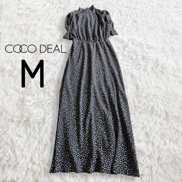 COCO DEAL ココディール ワンピース M ブラック 黒 花柄 総柄 ロング マキシ 5分袖 半袖 ハイネック パフスリーブ