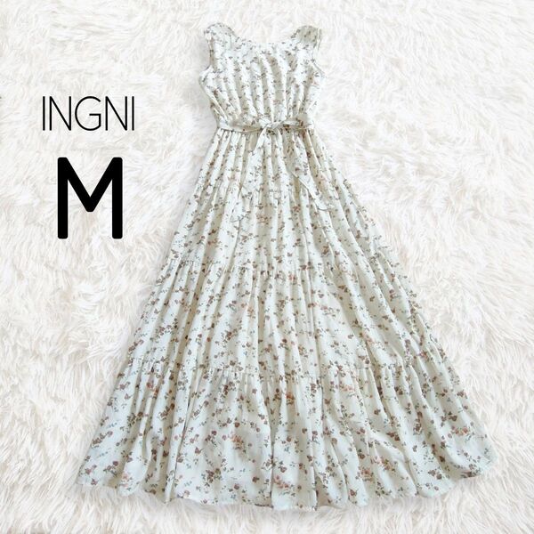 INGNI イング ワンピース M ホワイト 白 ノースリーブ 花柄 総柄 ロング マキシ レトロ クラシカル ウエストリボン