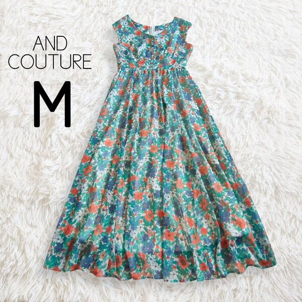アンドクチュール AND COUTURE ワンピース M グリーン 緑 ホワイト 白 花柄 総柄 フレア ロング ノースリーブ