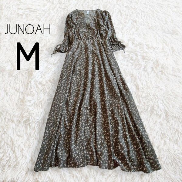 JUNOAH ジュノア ワンピース M ダークグリーン 7分袖 花柄 総柄 ロング マキシ Vネック くるみボタン クルミボタン