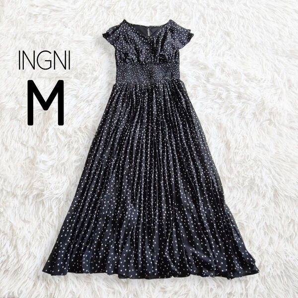 INGNI イング ワンピース M ブラック 黒 ドット 総柄 半袖 プリーツ Vネック フレアスリーブ ロング ミディ ミモレ
