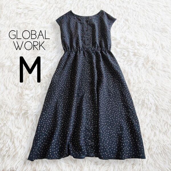 GLOBALWORK グローバルワーク シャツワンピース ジレ カーディガン M ネイビー 紺 花柄 総柄 ロング ミディ ミモレ