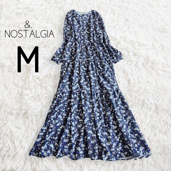 &. NOSTALGIA アンドドットノスタルジア 高田麻紀子コラボ ワンピース M ブルー 青 花柄 総柄 長袖 ロング マキシ