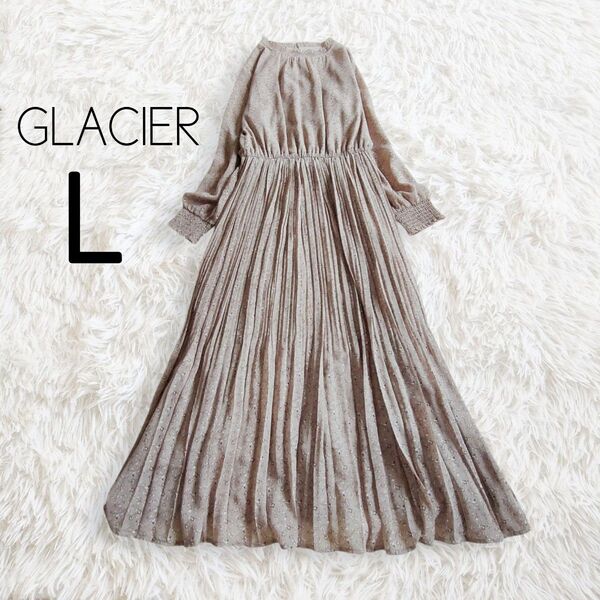 GLACIER グラシア ワンピース L 花柄 総柄 プリーツ 長袖 モカ グレージュ ロング ミディ ミモレ ハイネック フレア