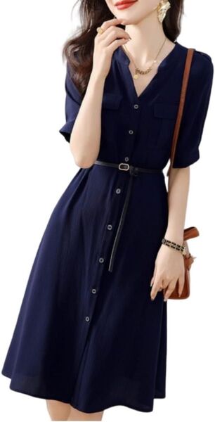 ワンピース レディース 半袖 体型カバー 着痩せ おしゃれ 可愛い きれいめ Mサイズ デート オフィス 夏 秋 春 二次会