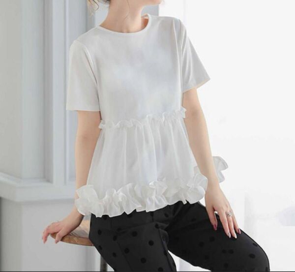 【完売品】fitmore フィットモア 裾フリルオーガンジー 切り替えTシャツ