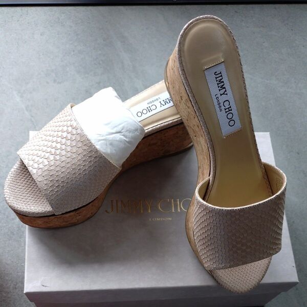 JIMMY CHOO ウェッジソールサンダル パイソンエンボスレザー コルク