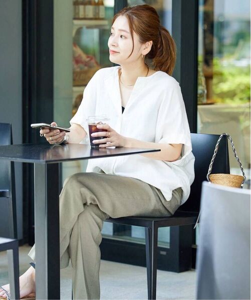 JOURNAL STANDARD レーヨン麻ノーカラーブラウス白23SS 半袖